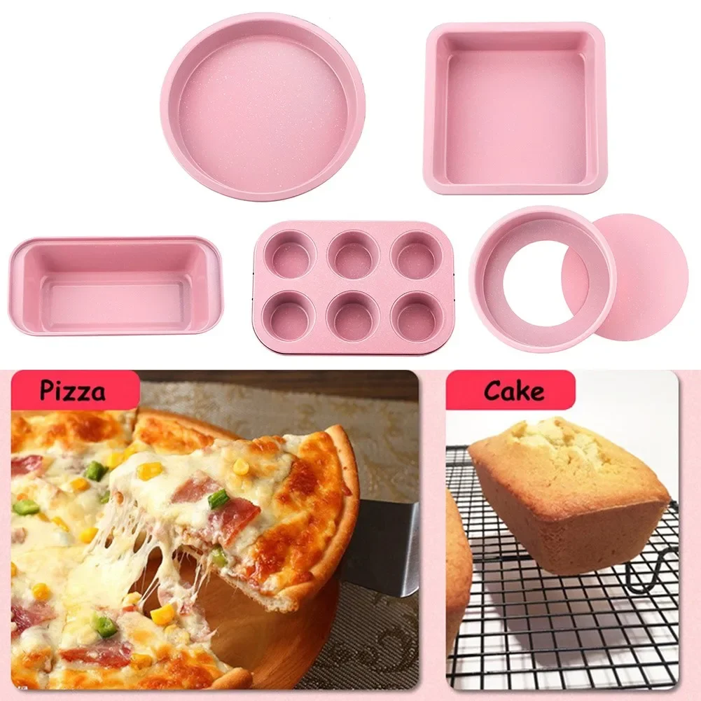 Pink Non-Stick Carbon Steel Baking Pan Set Baking Oven Cake Mold Round Square Rectangle Pizza Toast Live Bottom Kitchen Mould