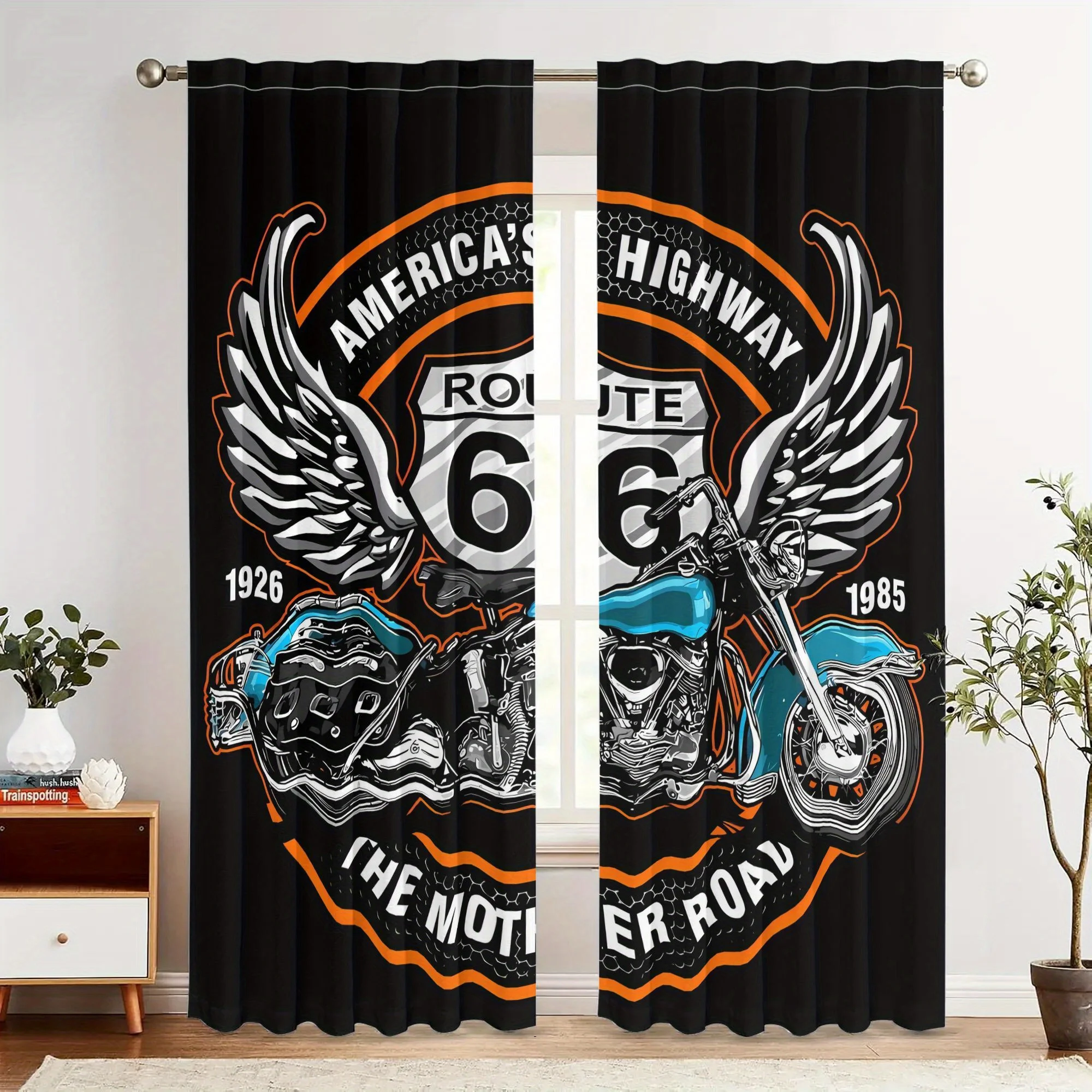 Route 66 Motorcycle Curtains America Highway Art Window Drapes Biker Design Home Decor Vintage Theme Living Room