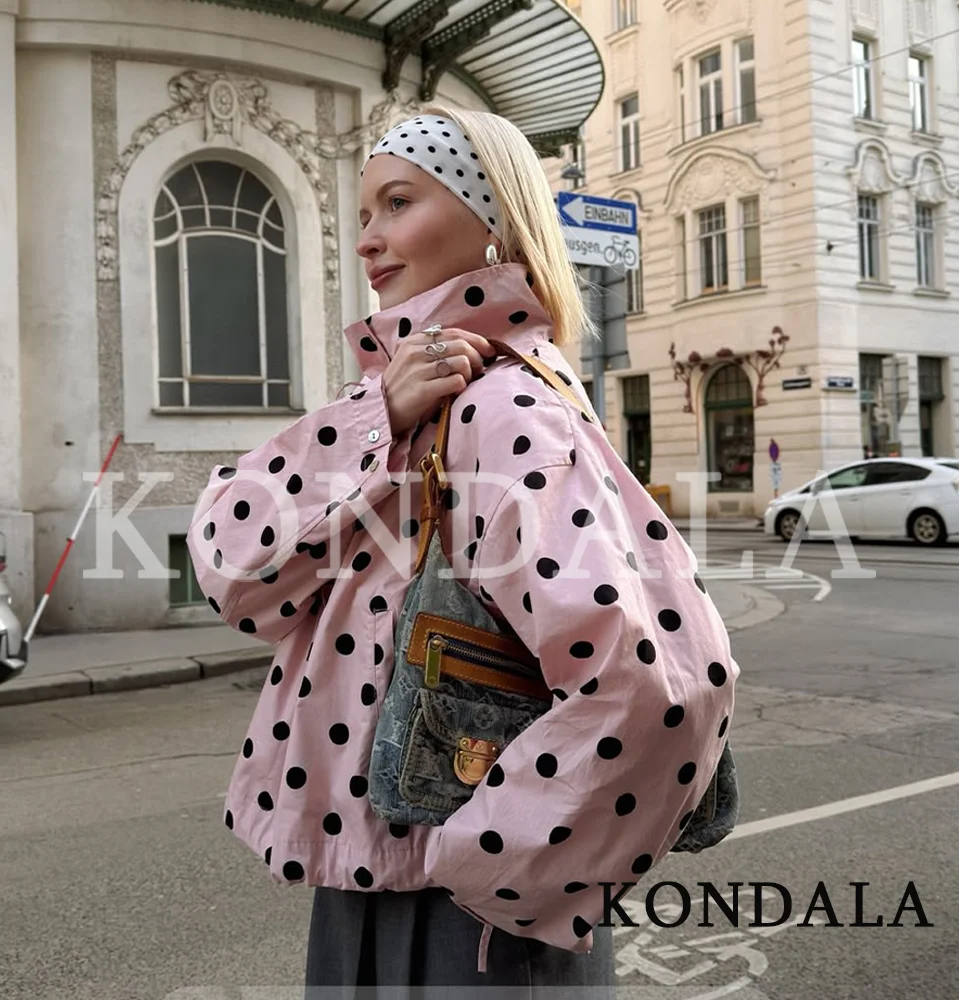 KONDALA Trendy Polka Dot Pink Jacket Women's High Street Stand-up Collar Buttons Jacket 2026 Spring Summer Fashion Cute Jacket