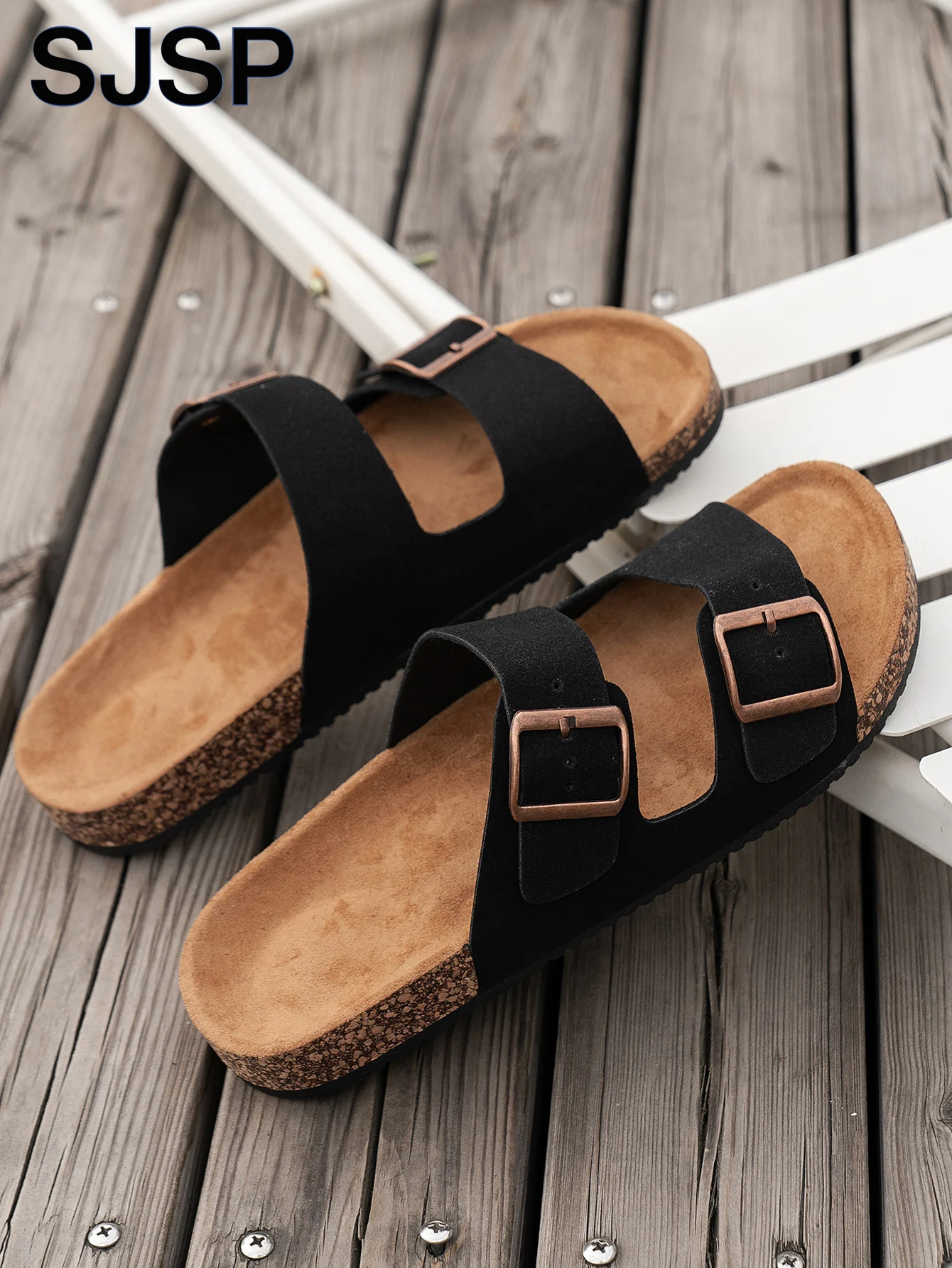 Nuevas sandalias planas negras estilo Birkenstock cómodas sin espalda simples para parejas de verano, zapatillas planas de corcho con hebilla versátil de moda y moda, sandalias deslizantes de playa unisex de verano estilo vacaciones para uso casual en interiores y exteriores