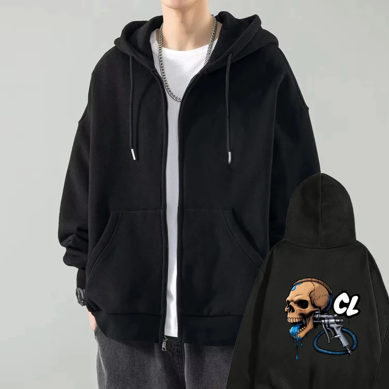 

Men's Hooded Jacket Black Skull Gun Print CL Logo Casual Streetwear Hoodie for Men Outdoor Fashion Sportswear