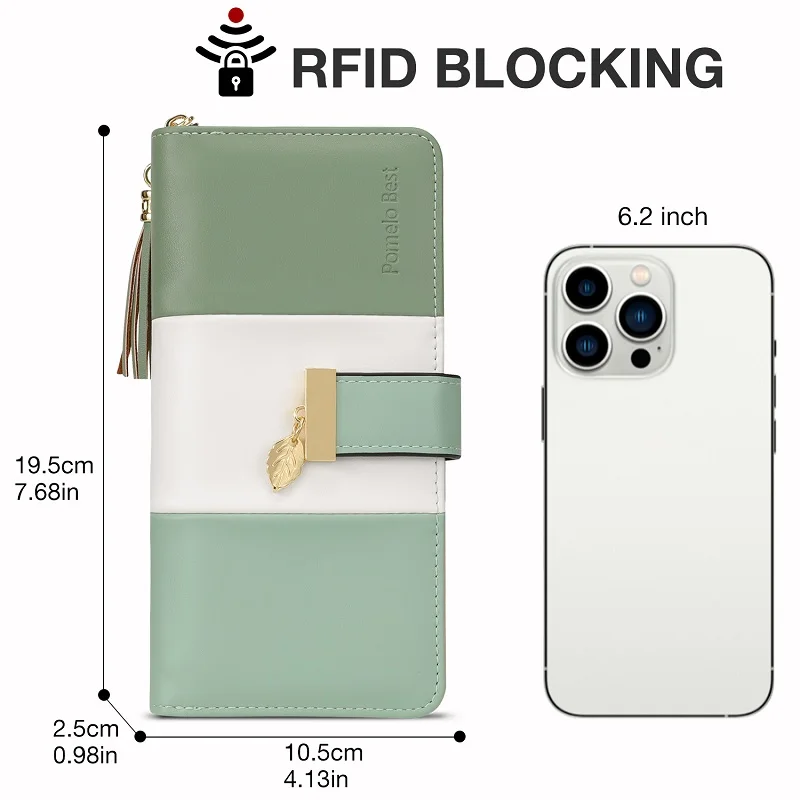 محفظة Pomelo Best للسيدات مزودة بتقنية تحديد الهوية بموجات الراديو من الجلد الطبيعي ومتعددة الائتمان بسعة كبيرة وسحاب حول القابض ومحفظة السفر