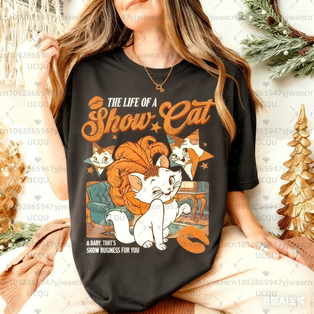 حياة ShowCat ماري القط تي شيرت الأرستقراطيين ماري فتاة رحلة القط عاشق هدية المرأة الرجال القطن Showgirl تي شيرت