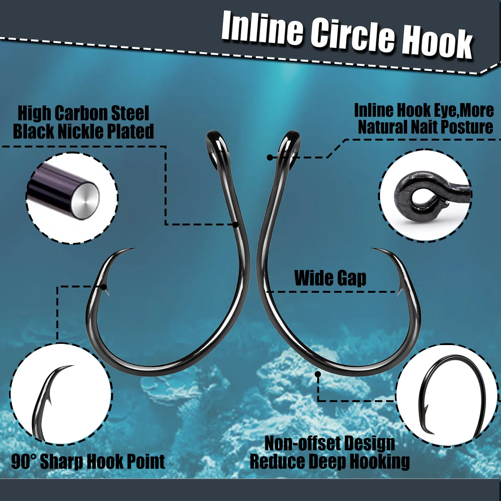9KM Inline Circle Hook Saltwater Wide Gap Circle Hook 25~100Pcs Live Bait Non-Offset Circle Hook for Bass Walleye Crappie