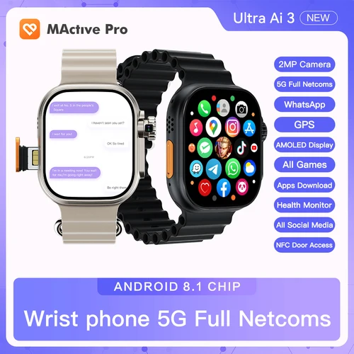 4G 5G Microwear U ltra Ai 3 스마트 워치 2 + 16GB AMOLED ChatGPT NFC 49mm GPS 와이파이 카메라, SIM 카드 통화 앱, 스마트워치 다운로드 