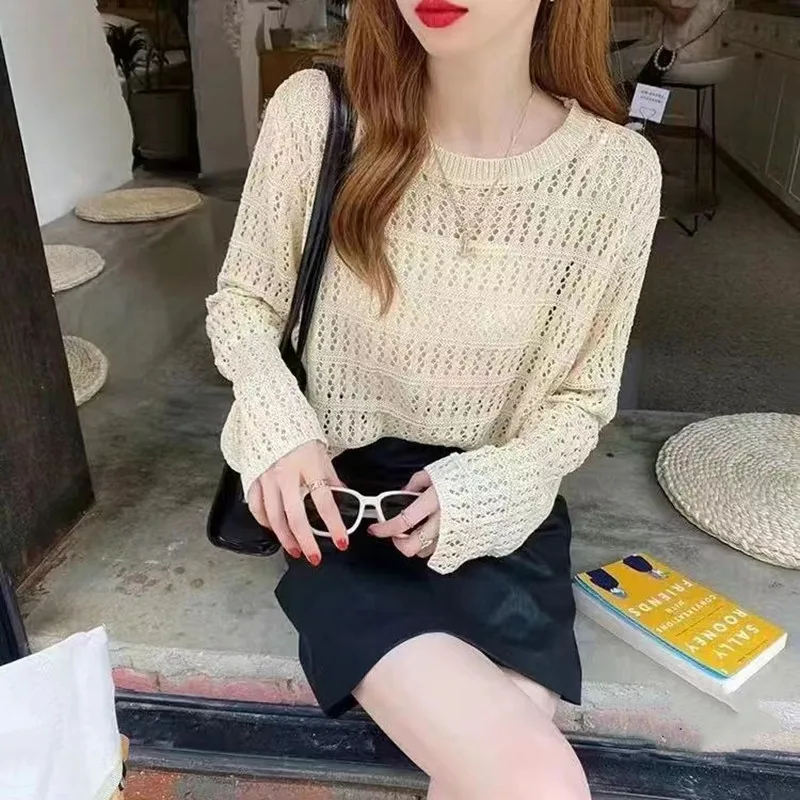 Open Knit Sweater Long Sleeve Tops Round Neck Crop Pullover Blouse Cover Up for Women Teen-girls Spring Summer Outfit