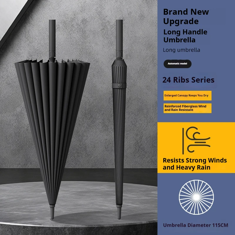 Men's Business Style Automatic Umbrella with 24-Bone Frame Straight Handle Enlarged Storm-Resistant Fashionable Weather Protecti