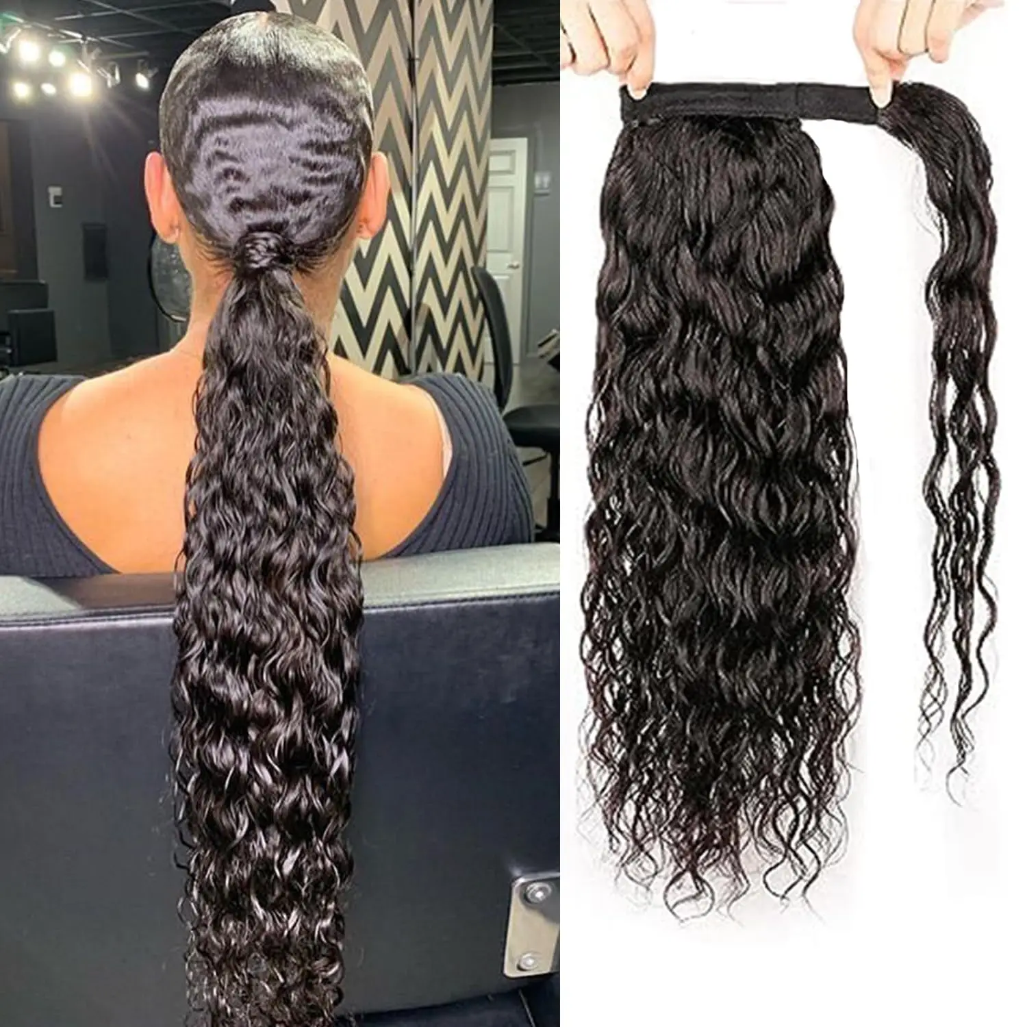 Water Wave Ponytail Human Hair Extensions Natural Black Color Wrap Around 100% Straight Human Hair Ponytails Clip In Extension