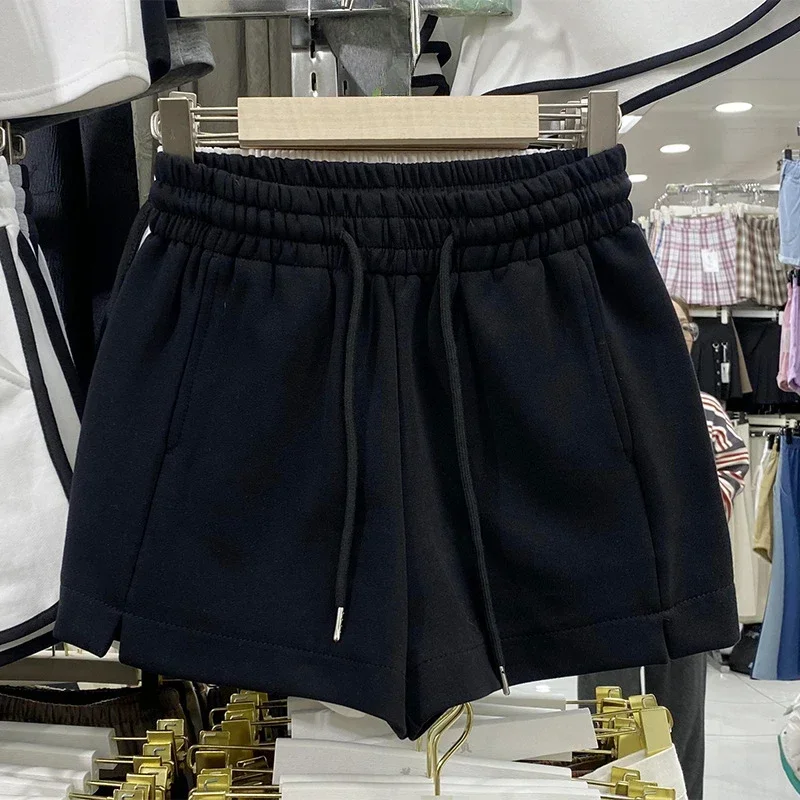 New Solid Elastic Waist Drawstring A-line Shorts Women Fashion All Match Summer Pantalones Cortos De Mujer Korean Split Shorts