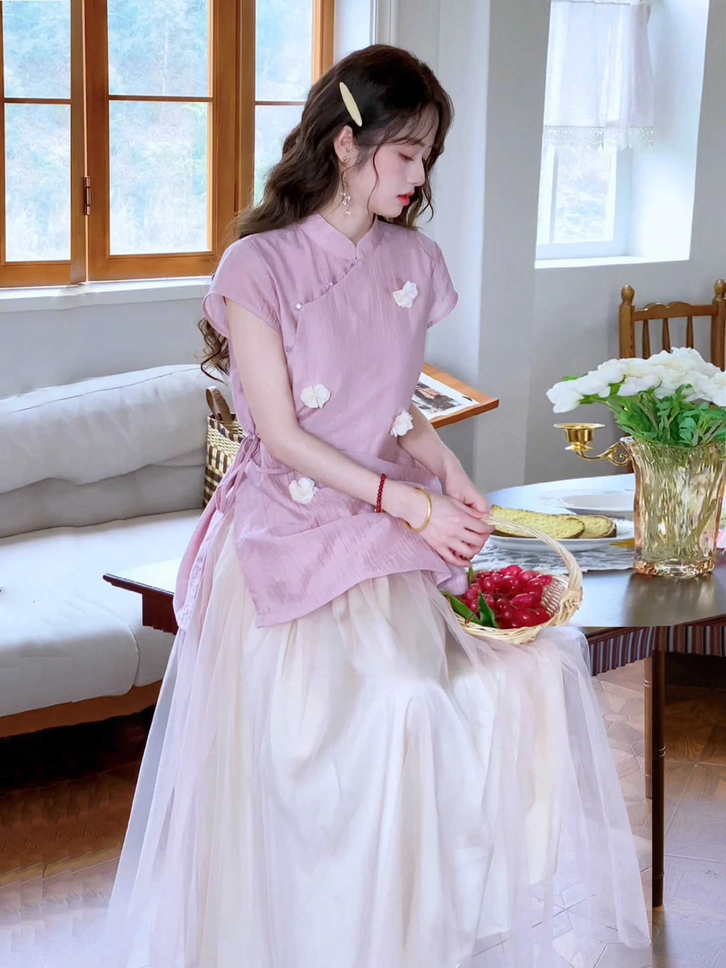 

Летняя женская юбка Nanfeng Valley Zhiwei Gentle Fairy Pink с 3D цветочным вырезом в национальном стиле, с высокой талией и широким подолом из сетки