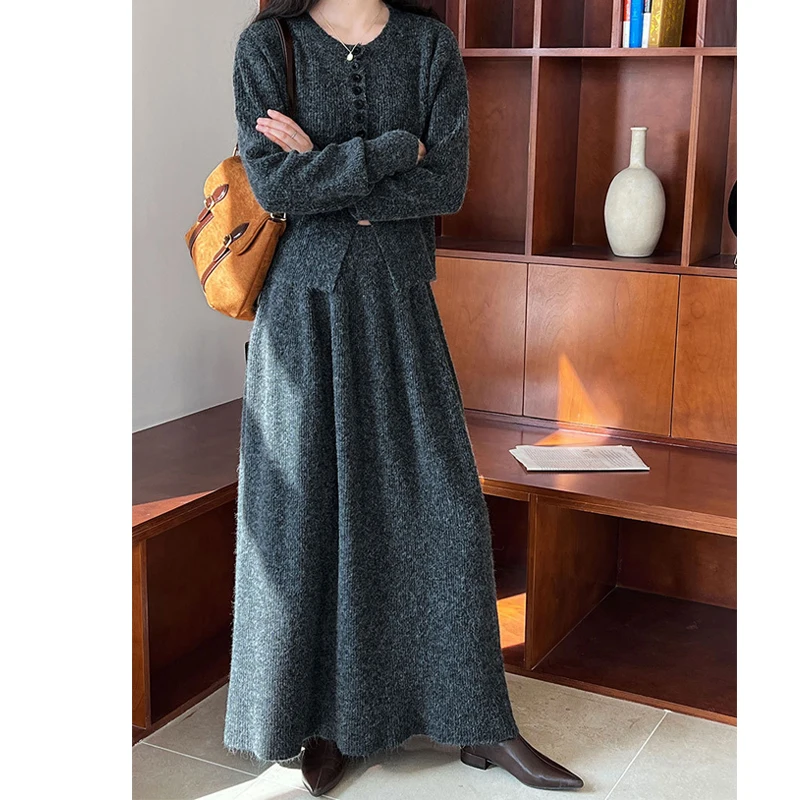 Women Two Pieces Suits O-Neck Knitted Cardigans With A-Line Long Skirt Winter Clothes Tops  Tracksuits Ladies Outfits