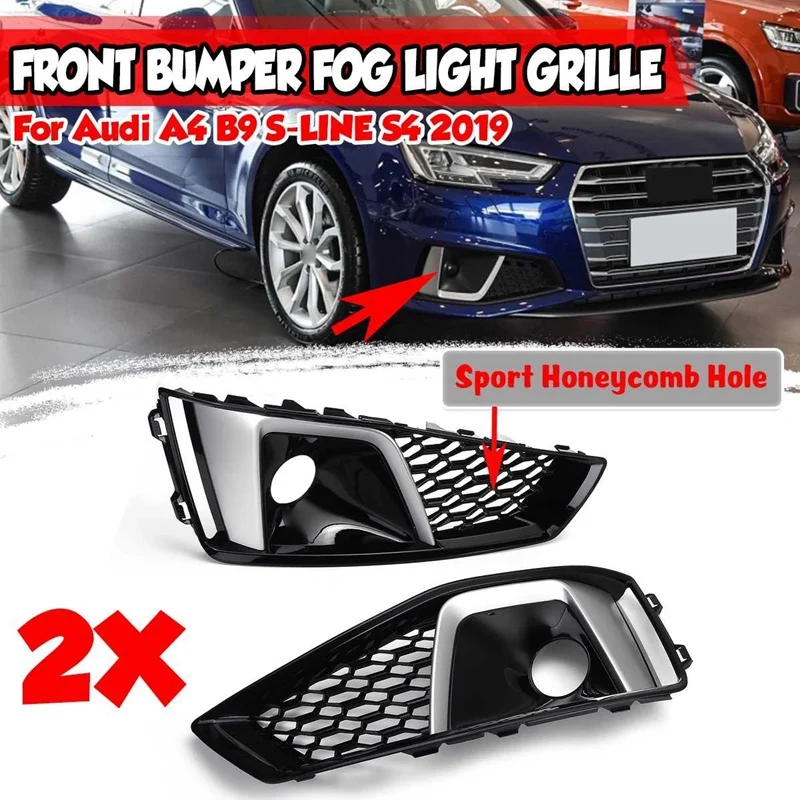 

1 Pair S-Lines S4 Car Front Bumper Fog Light Lamp Grill Grille Honeycomb For- A4 B9 S-LINES S4 2019-2020 Chrome