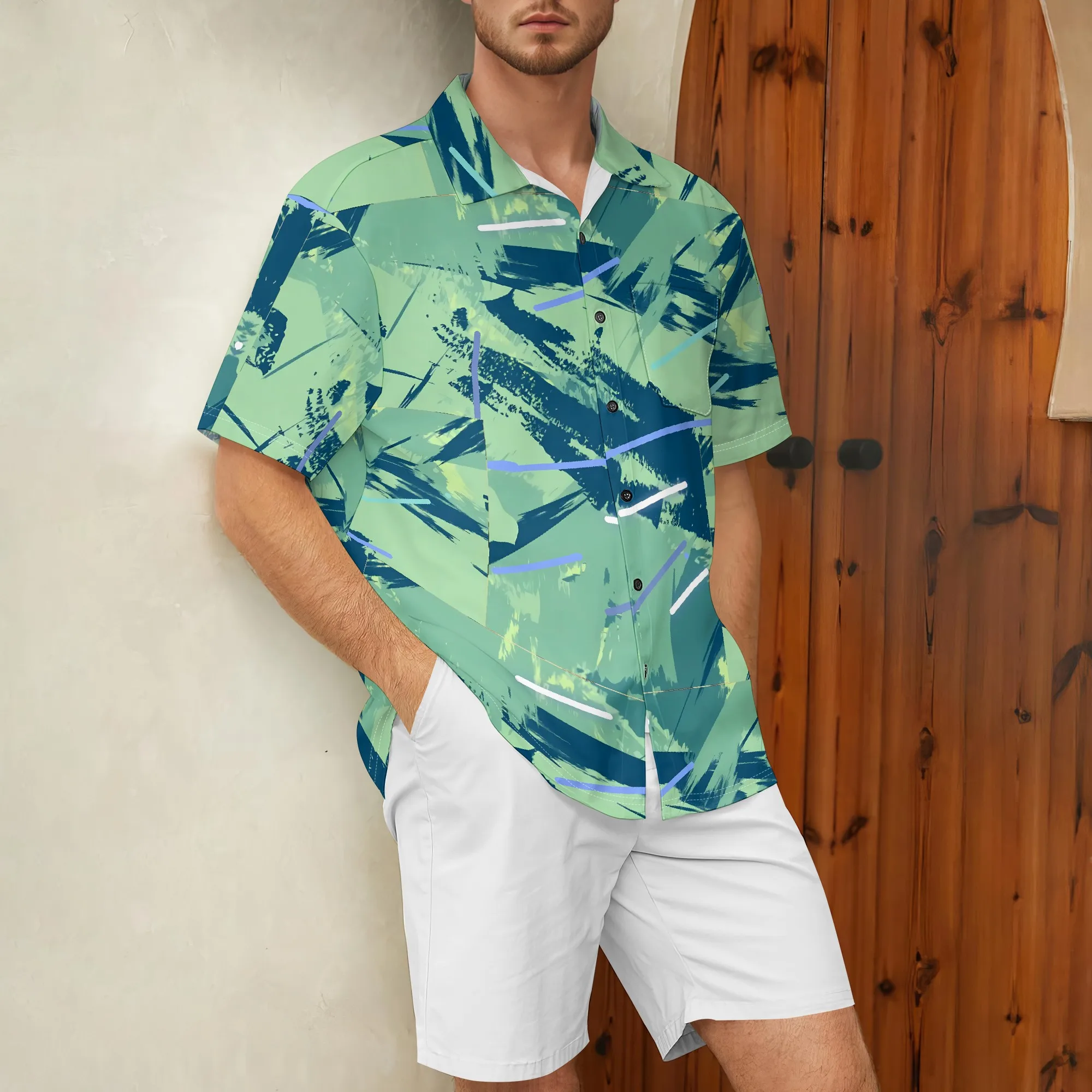 YEAE Camicia con stampa incrociata al neon per uomo Top estivo casual a maniche corte