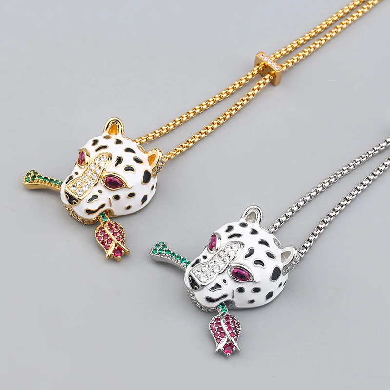 Designer Collection Style Necklace Cubic Zircon White Enamel Red Eyes Leopard Panther Flower Pendant Dinner Party Chain