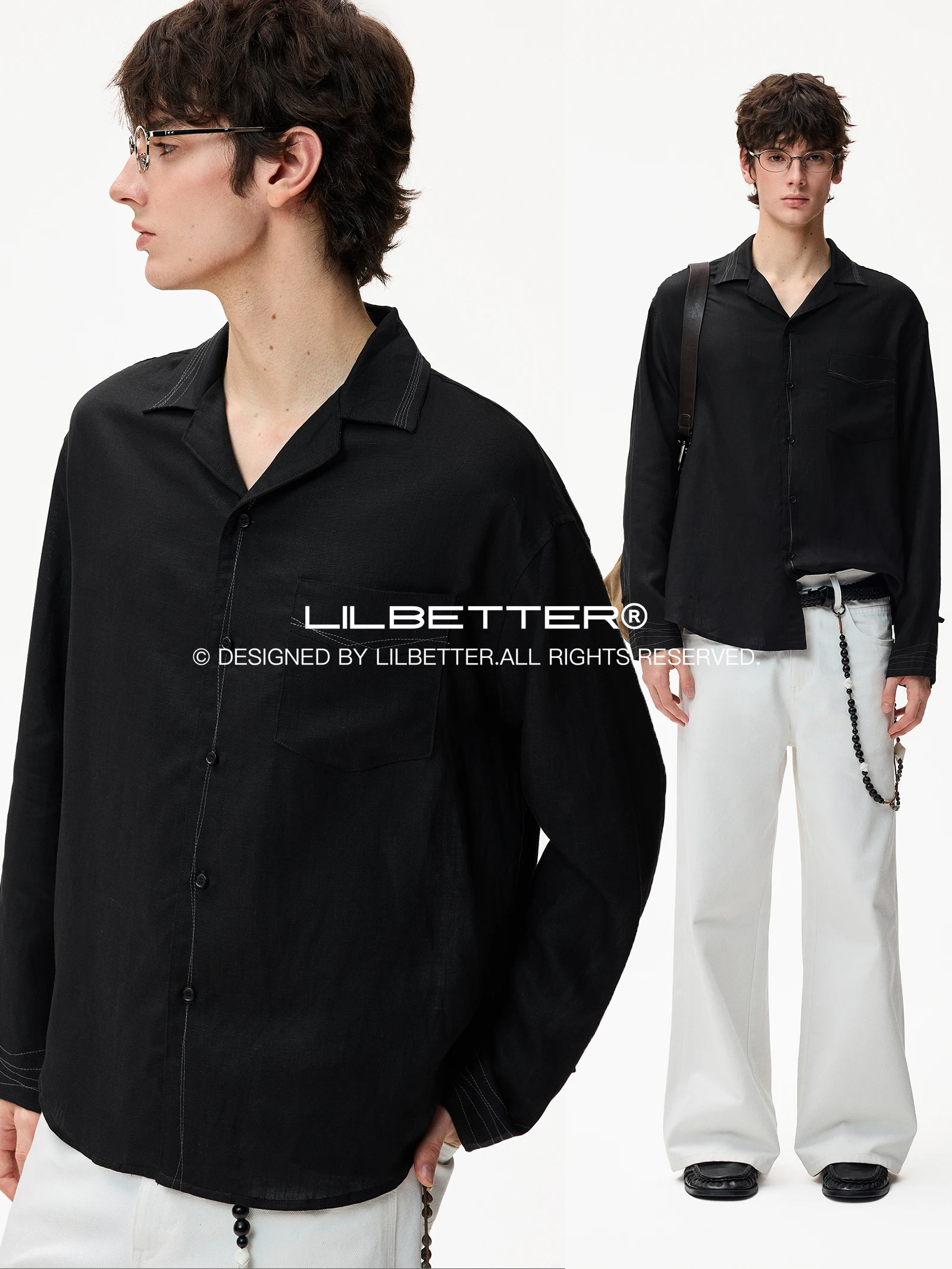 Lilbetter Long Sleeve Shirt Loose Fit Cuban Collar Textured Sensation  Linen Mixed Fashion Urban Style Men's Outerwear