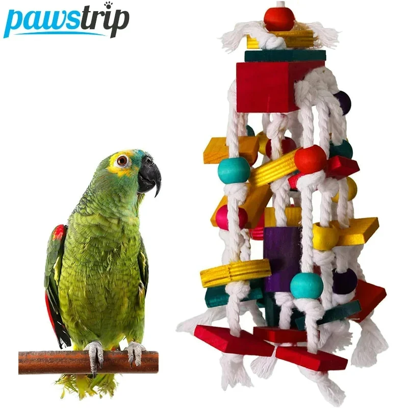 1Pc Bird Toy Funny Wooden Blocks Parrot Chewing Toys Parrots Hanging Chewing Rope Swing Colorful Parrots Chewing Training Tool