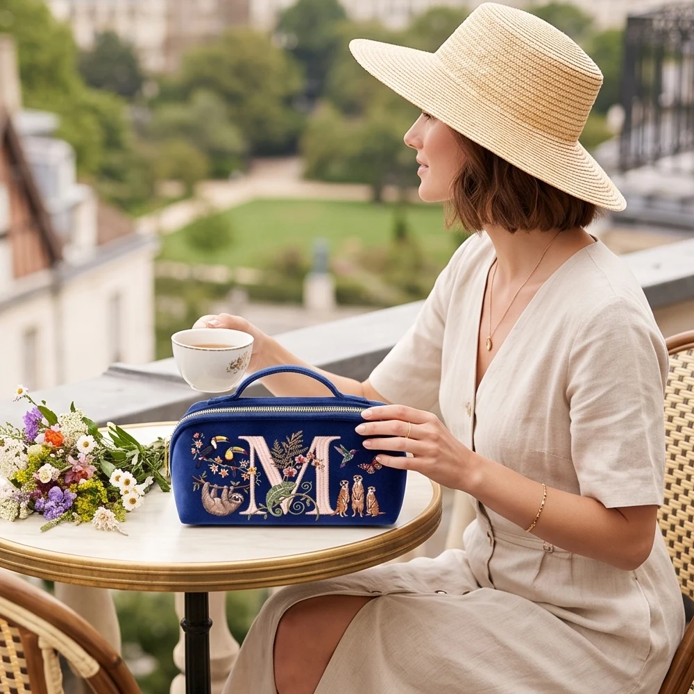 Marineblaue Kosmetiktasche aus Samt mit Imitationsstickerei, Buchstabenmuster und Tiermotiv, großes Fassungsvermögen, für Damen. – Detail 5