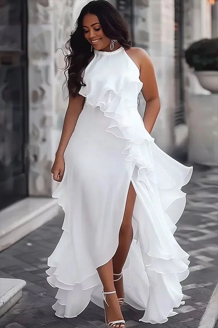 Lemongor Wedding Bridesmaid White Dress 2025 New Sleeveless Layered Ruffled Solid Color Split-Side Elegant Party Evening Dresses