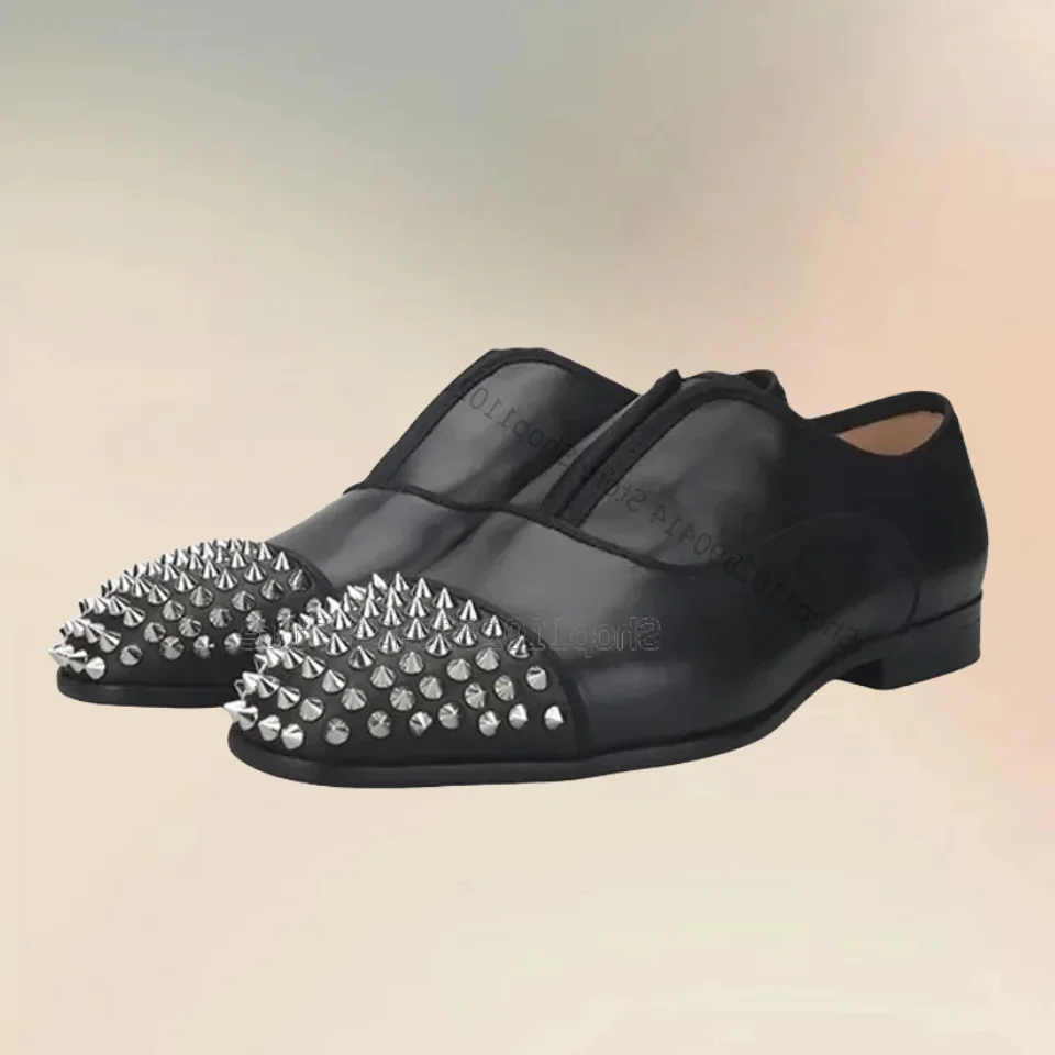 

Black Matte Leather Rivets Decor Men Derby Shoes Fashion Slip On Men Shoes Luxury Handmade Party Feast Banquet Men Dress Shoes