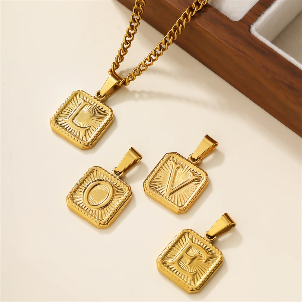 New Golden Stainless Steel Embossed Necklace For Women Fashion  Square Letter Pendant Necklace Clavicle Twist Chain Jewelry Gift