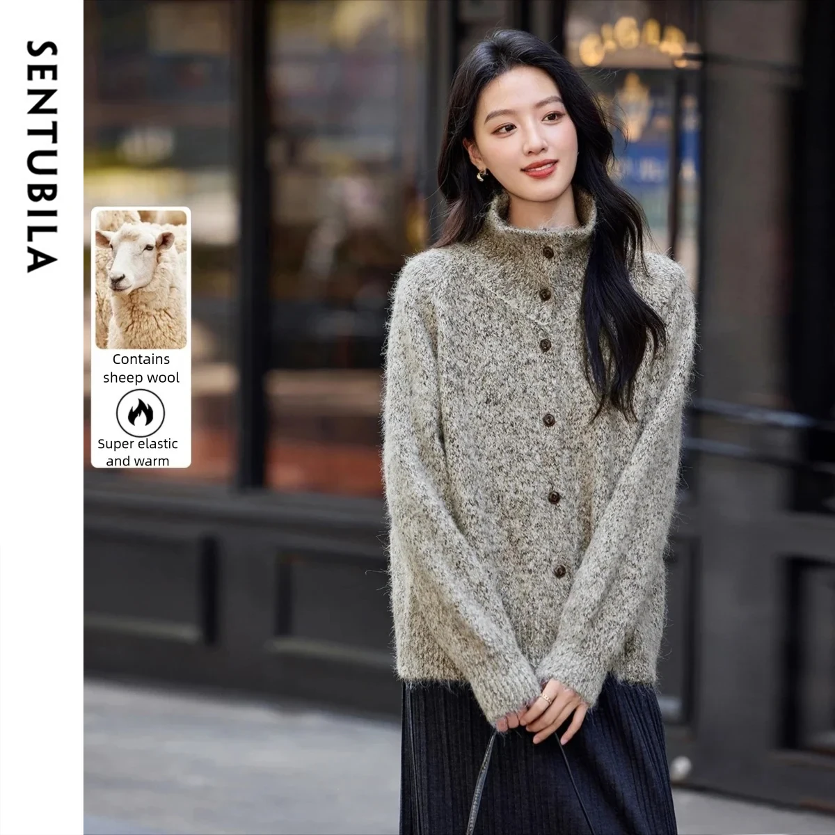 

SENTUBILA Commuting Women's Cardigan 2025 Winter High Elasticity Thick Loose Fit Cardigans Long Sleeve Top Female W54EI4858