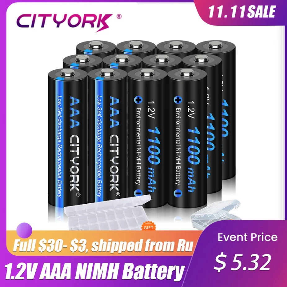 Baterai Isi Ulang CITYORK 1.2V AAA 1.2V 3A 1100MAh NI-MH Baterai AAA Dapat Diisi Ulang untuk Lampu LED Jam Mikrofon MP3
