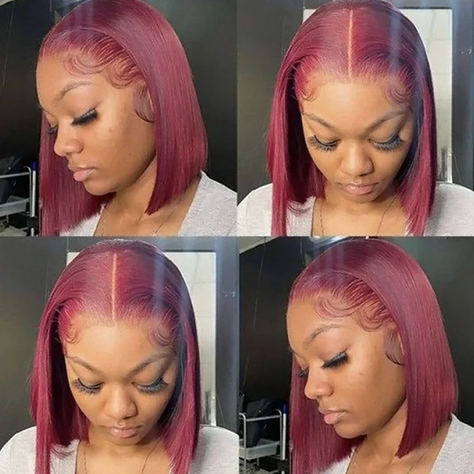 99Jバーガンディ人毛ウィッグボブ13x4ストレートレースフロント100%人毛ペルーショートボブウィッグ女性用ワインレッドフロントウィッグ