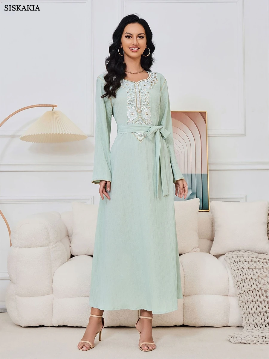 Siskakia Solid Elegant Party Floral Embroidery Beading Long Sleeve V-Neck Dress With Sashes Islamic Gulf Dubai Women Outfits