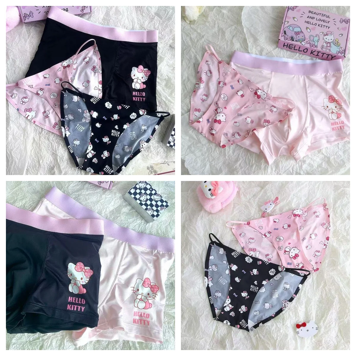 

Hello Kitty, 2 шт., нижнее белье для пар, костюм аниме Sanrio, мягкие мужские дышащие боксеры, женские трусы Kawaii Y2k, нижнее белье, трусики, рождественский подарок