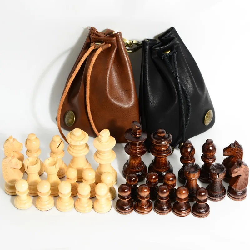Wooden Staunton Chess Pieces, King Height 7.6cm with Leather Two-Tone Storage Bag for Tabletop Gaming
