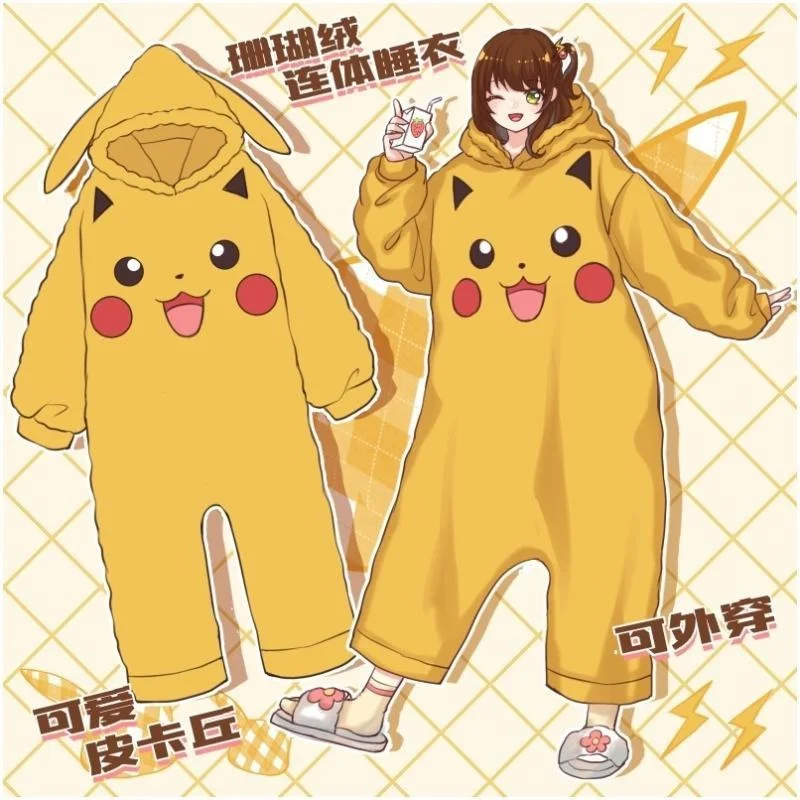 Animal Kigurumi Pokemon Pikachu Onesies  Plush Flannel Pajamas Winter Cartoon Long Sleeve Home Soft Warm Clothes Casual Kid Gift