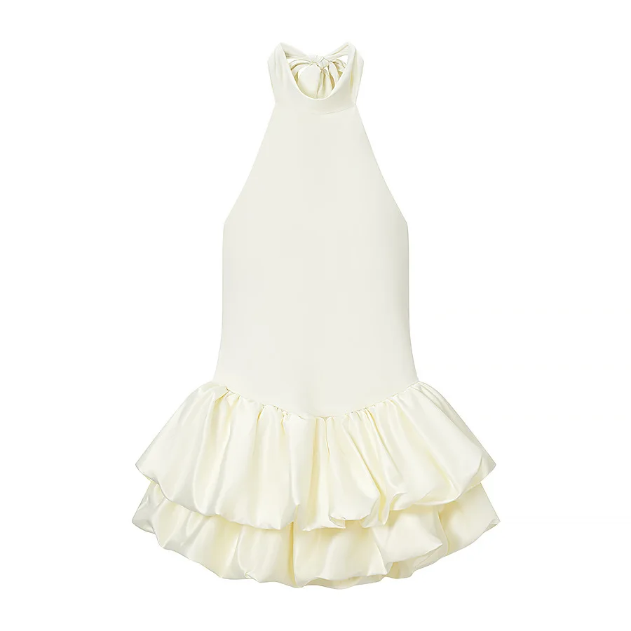 Elegantes Einfarbiges Neckholder-Minikleid mit Rückenausschnitt, Süßer Verzierter Stufenrock mit Rüschen, Damenkleid für Abendpartys, Club und Abschlussball – Detail 4