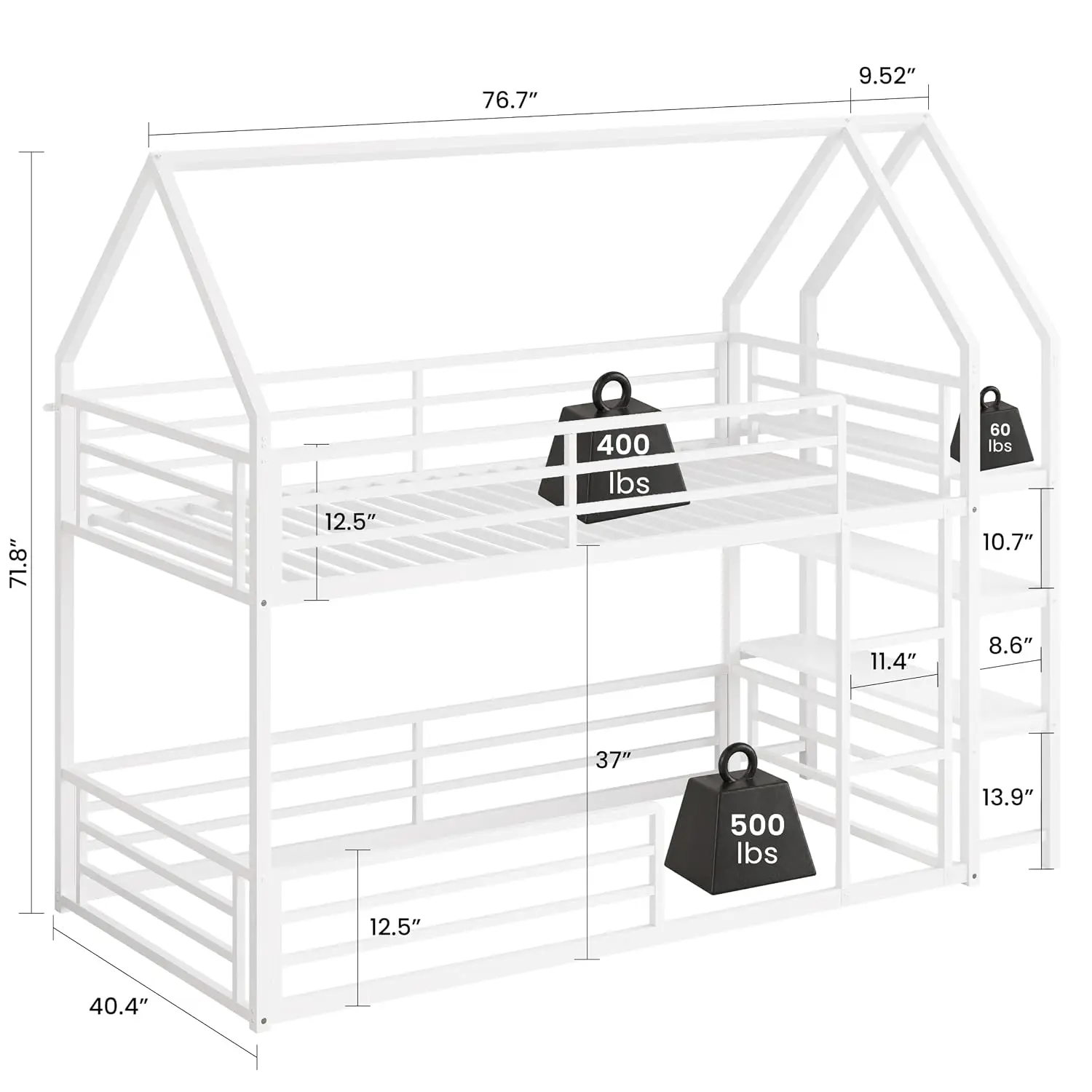 Twin Bunk Bed with House Frame & Bookshelf, White | Twin over twin bunk bed with bookshelf. House-shaped with Steel, Customized