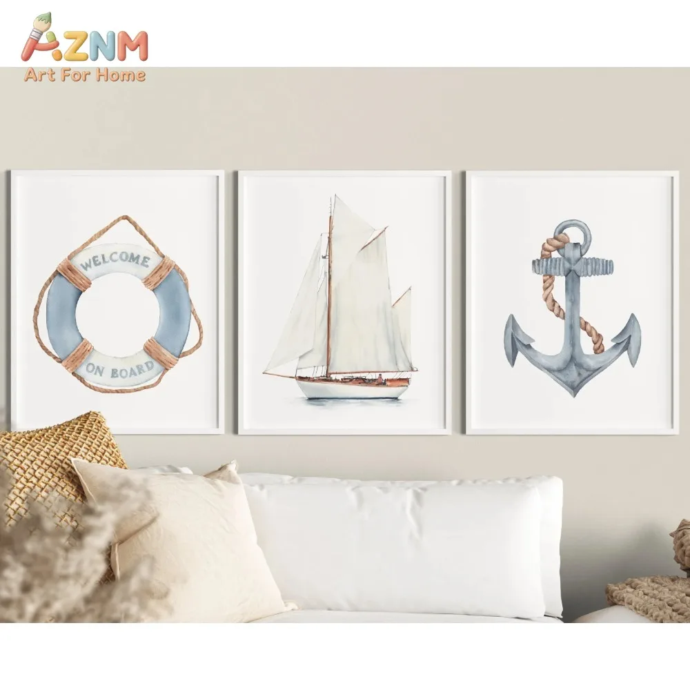 AZNM 3Pcs Nautical Canvas Wall Art, Sailboat Anchor Lifebuoy Print Frameless Canvas Painting, Coastal Ocean Theme Living