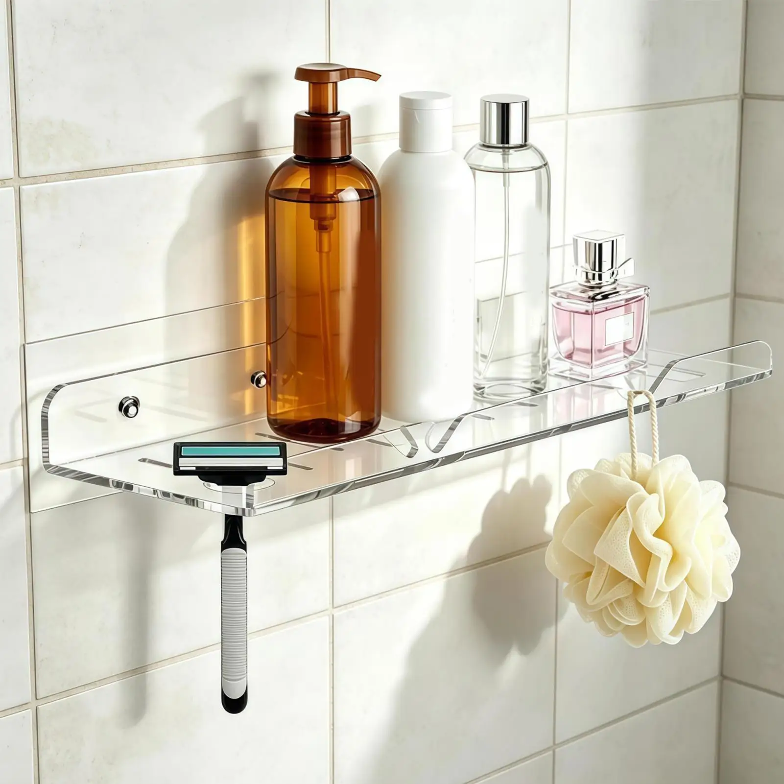 2-piece Clear Acrylic Shower Storage Rack Wall Mounted Floating Storage Holder No Drilling Bathroom Shower Organizer