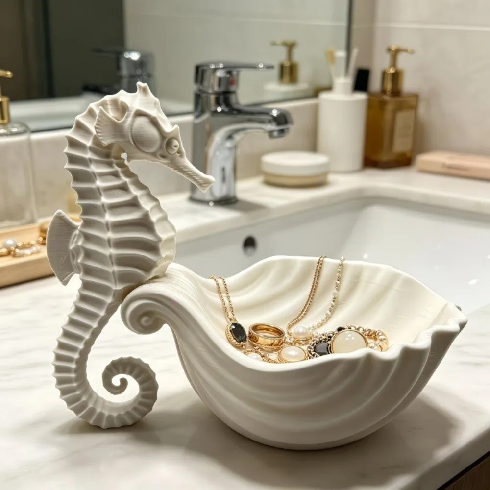 Modern 3D Printed Seahorse-Shaped Storage Tray Cute Decorative Cosmetics Rack Plastic Stable Rings Holder Living Room Decor