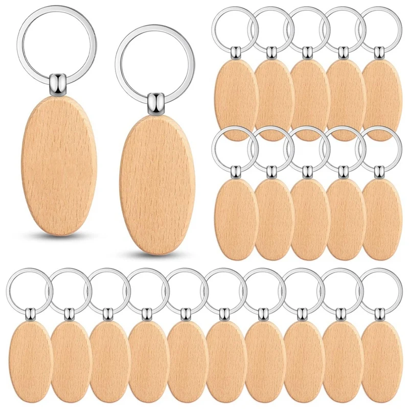 100PCS Wooden Keychain Blanks Wood Key Chain Bulk Unfinished Wooden Engraving Key Tag Ring For DIY Gift Crafts