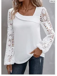 Moda blusa de renda branca feminina 2023 casual recém chegados camisas e blusas elegantes femininas soltas manga longa topos