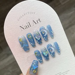 10Pcs Blue Handmade Press On Nails Gradient Flower with Rhinestones False Nails Ballerina Fake Nails Decoration Nail Tips Art