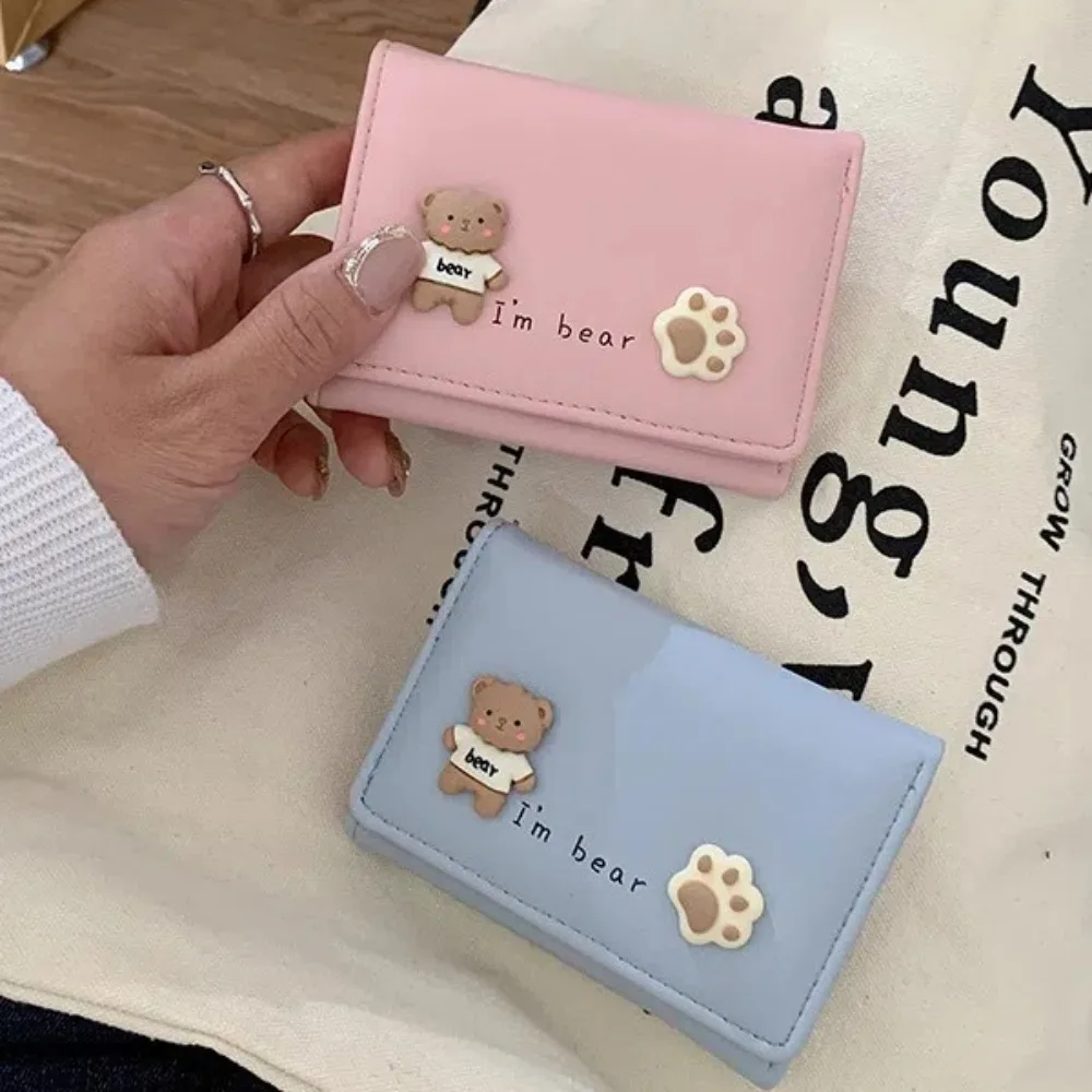 Dompet beruang lucu gambar huruf portabel dompet nol PU warna Solid tahan air dompet koin Mini jahit kapasitas besar luar ruangan