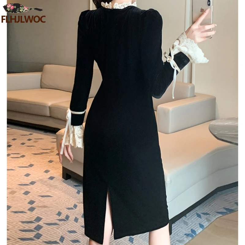 2024 anno nuovo data abiti femminili colletto alla coreana retrò Vintage stile francese europeo piccolo vestito camicia bianca Patchwork nero