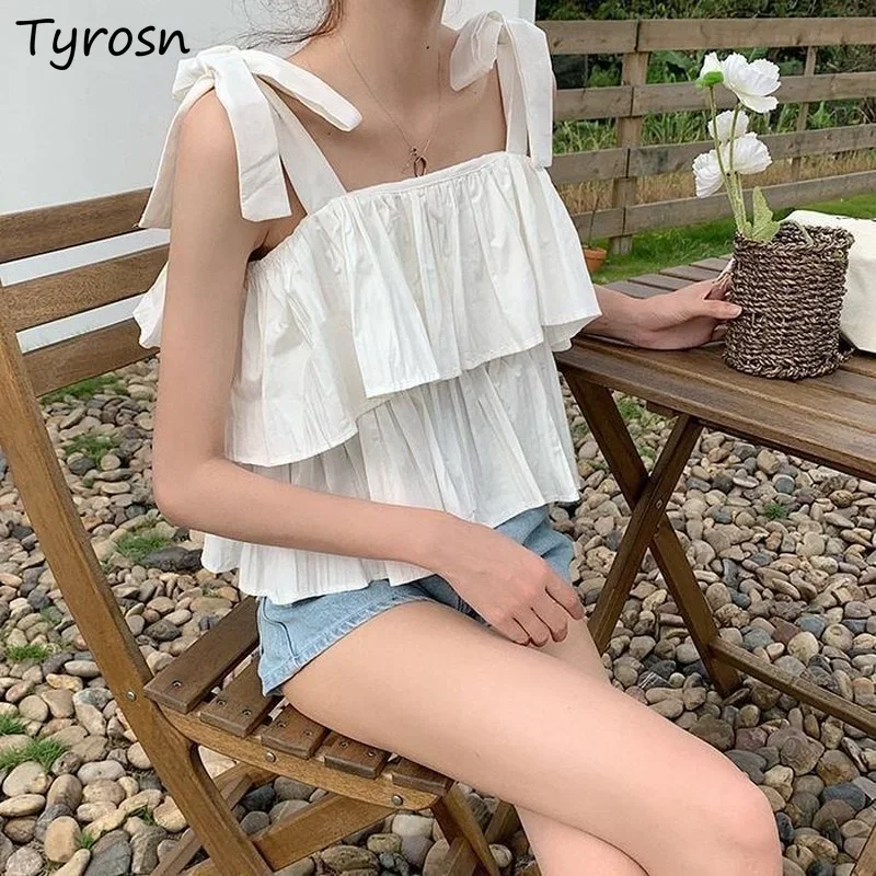 

Women Camisoles Solid Ruffles Stylish Elegant Simple Temperament Tanks Retro Sweet Bandage Ulzzang Lovely All-match Students Hot
