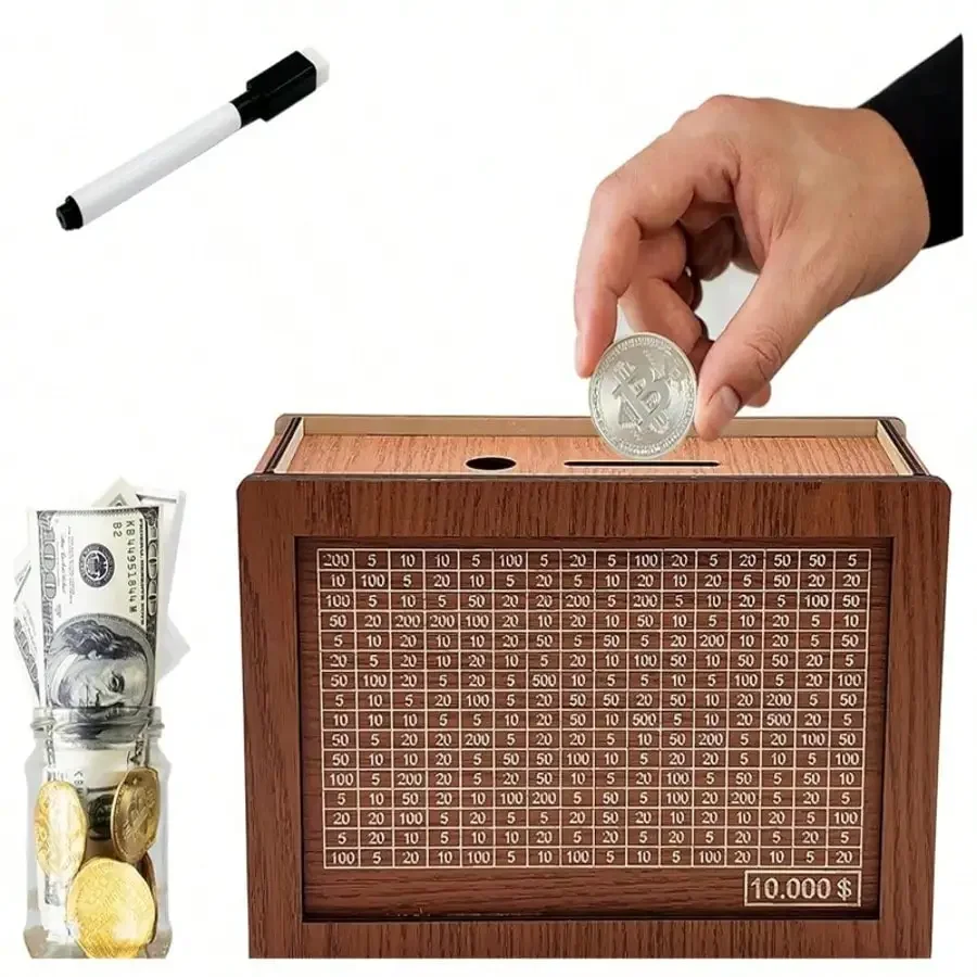 Wooden Money Saving Box With Puzzle Numbers & Multi-Slot Deposit Tank - Financial Planning Tool For Savings Goals, Coin & Bill Slots, Transparent Design & Markers Included, Saving Money Box