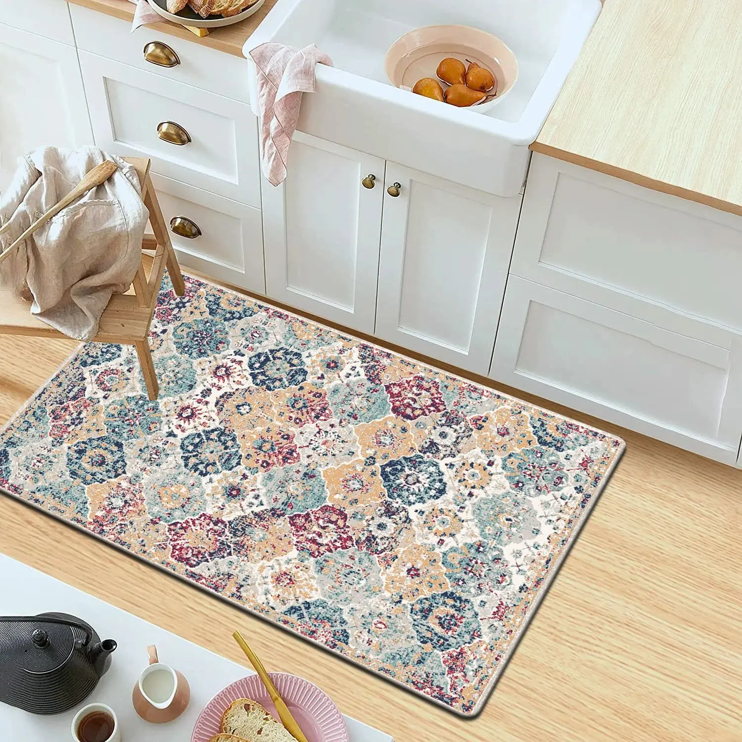 1pc Boho Style Floor Mat Non-Slip Bath Rug Floral Pattern Washable Bath Mat Absorbent Door Carpet For Home Living