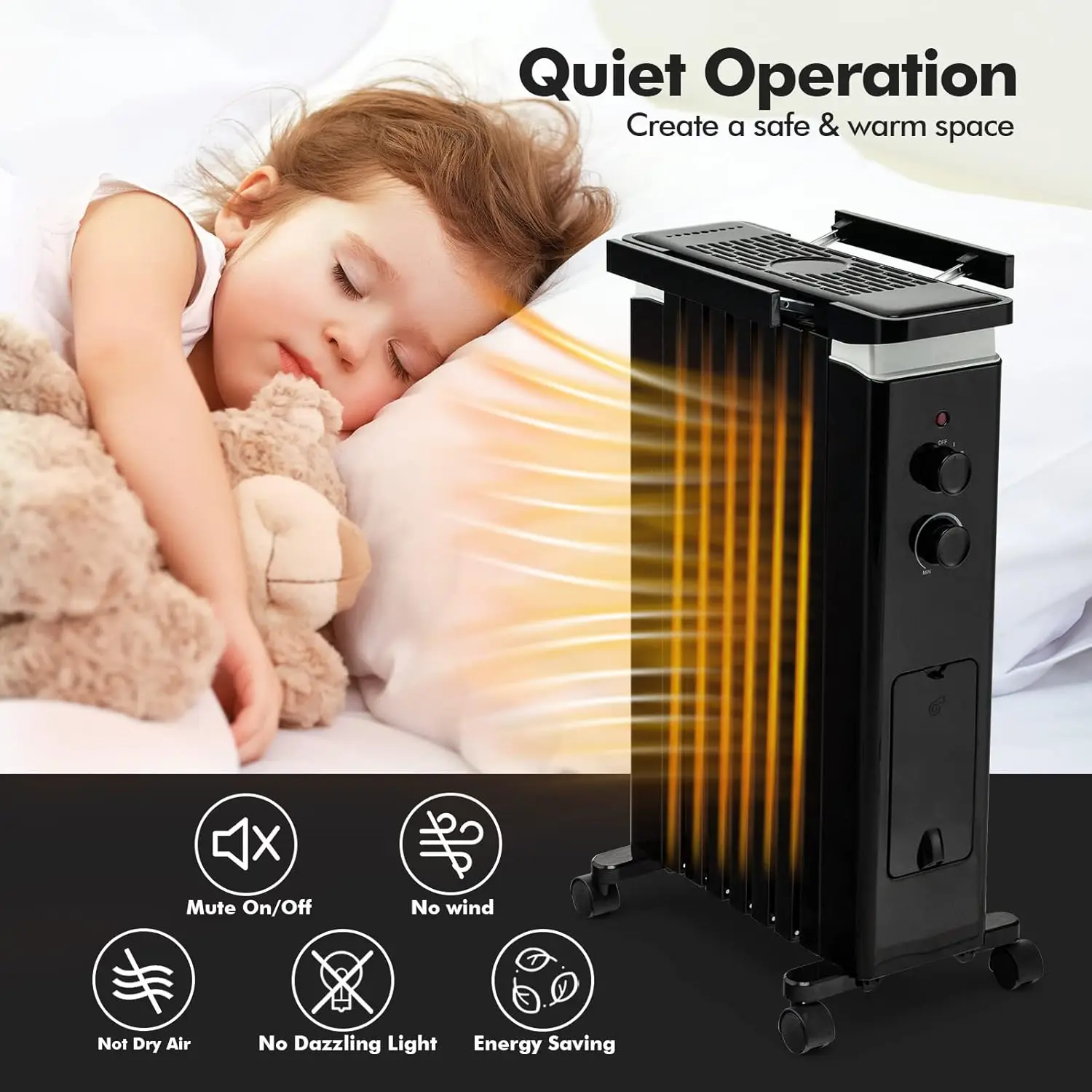 Oil Filled Radiator Heater, 1500W Electric Portable Space Heater with 3 Heat Settings and Built-In Thermostat, Oil Heate