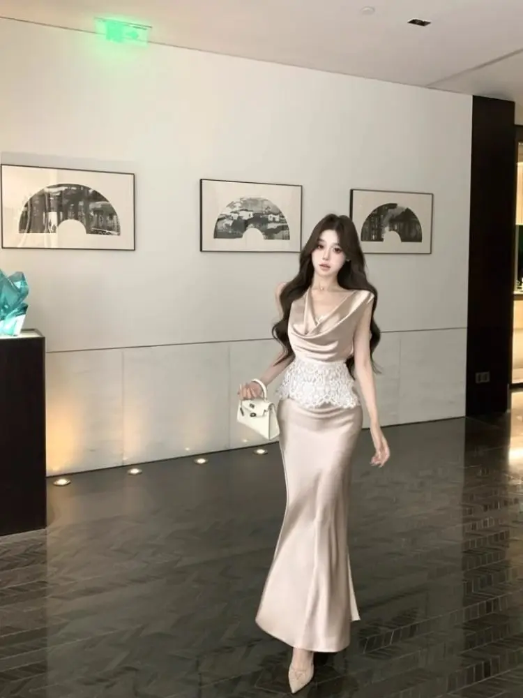 

Women Summer Elegant Lace Splicing Draped Neck Sleeveless Camisole Fishtail Midi Skirt Two Piece Set Premium Look