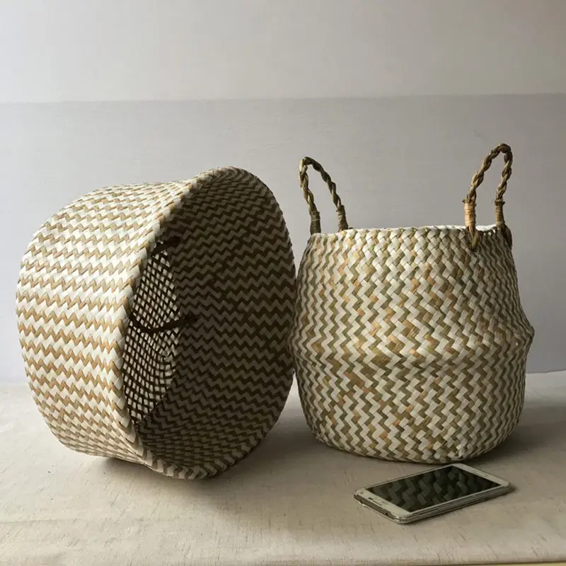 Foldable Handmade Seagrass Flower Pot Storage Wicker Basket Rattan Straw Home Garden Wave Pattern Planter pots Laundry Basket