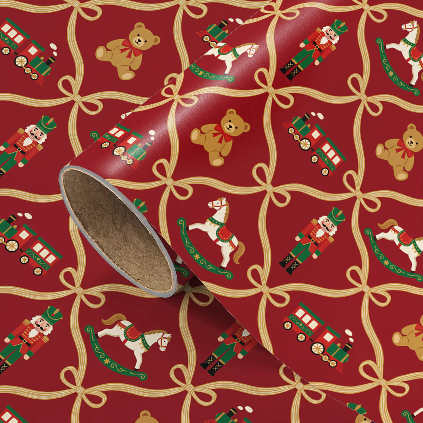 1 Roll of Red-Backed Vintage Toy Christmas Wrapping Paper, Teddy Bear Nutcracker Style, Holiday Gift DIY Decorative Paper, 43.2cm X 300cm (17inch X 9.84 Feet)