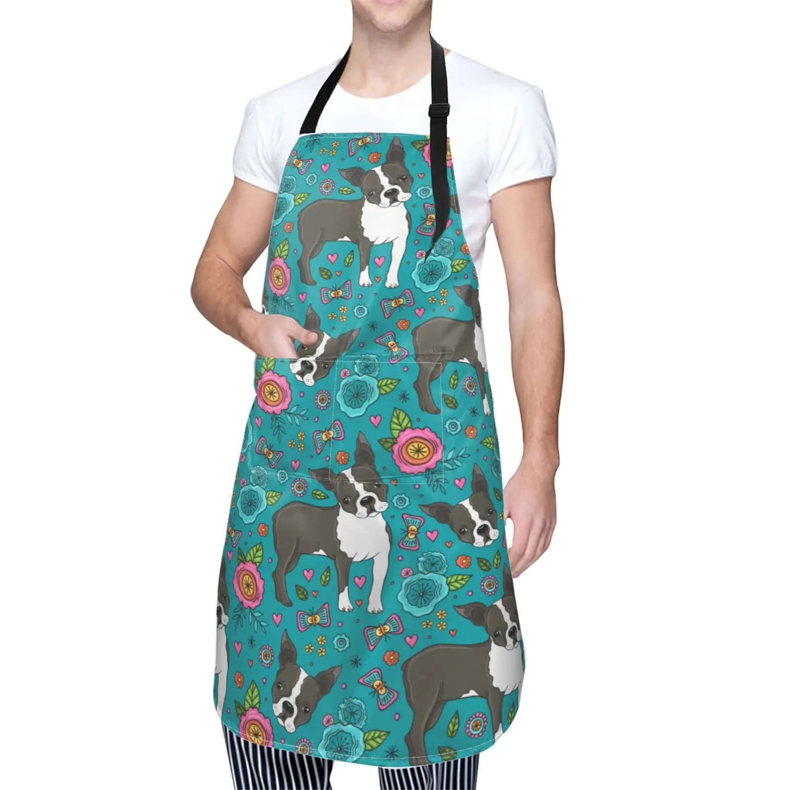 Boston Terrier and Beautiful Flowers Waterproof Apron Cooking Kitchen Apron Unisex Adjustable Apron