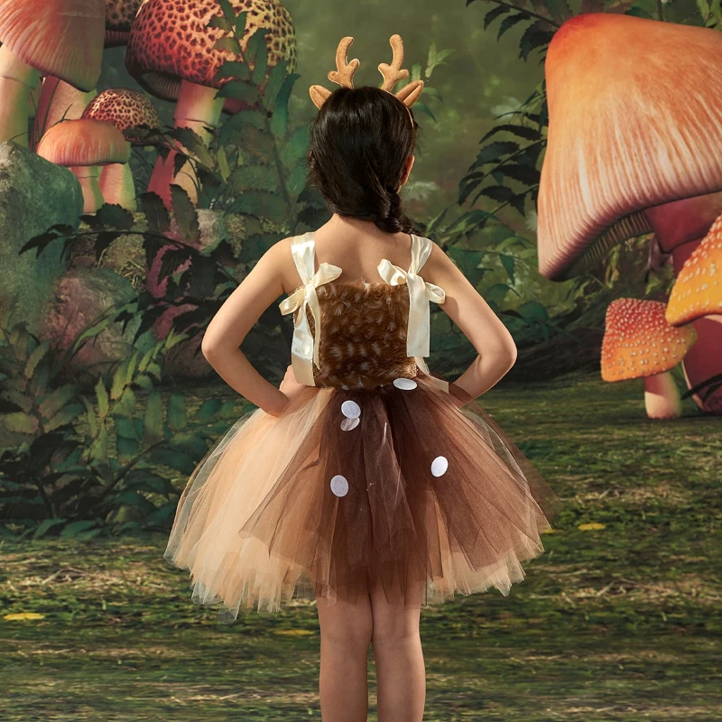 Xmas Themed Voluminous Mesh Dress with Deer Motif Lightweight Kids Party Gown for Winter Masquerade Holiday Role Play Fancy Wear